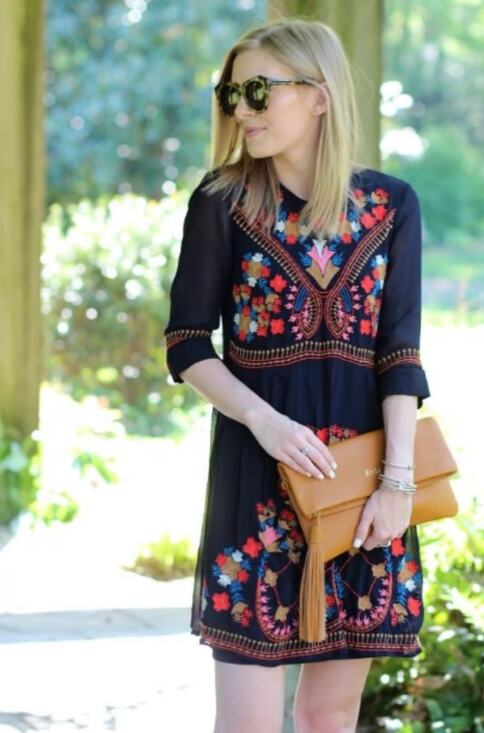 French Connection Dresses & Skirts - French Connection Womens 10 Navy Blue Floral Embroidered Boho Mini Dress